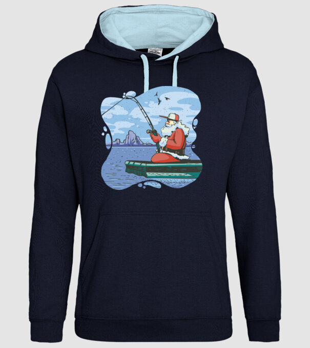 Moș Crăciun la pescuit model albastru închis pe tricou