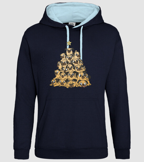 pom de Crăciun cu cățel (mops) model albastru închis pe tricou