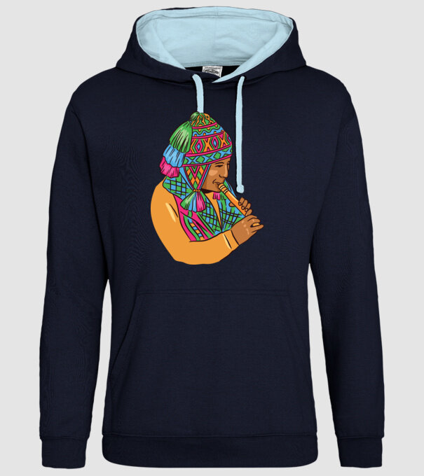 Muzician peruan indigen model albastru închis pe tricou