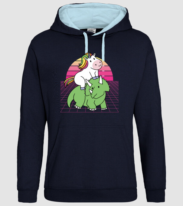 Unicorn pe dinozaur retro model albastru închis pe tricou