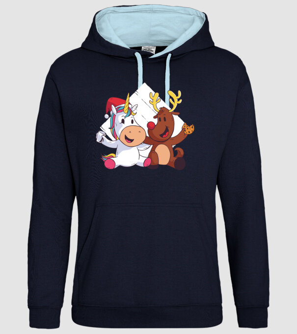 Unicorn și Ren prietenie tricou drăguț de Crăciun model albastru închis pe tricou