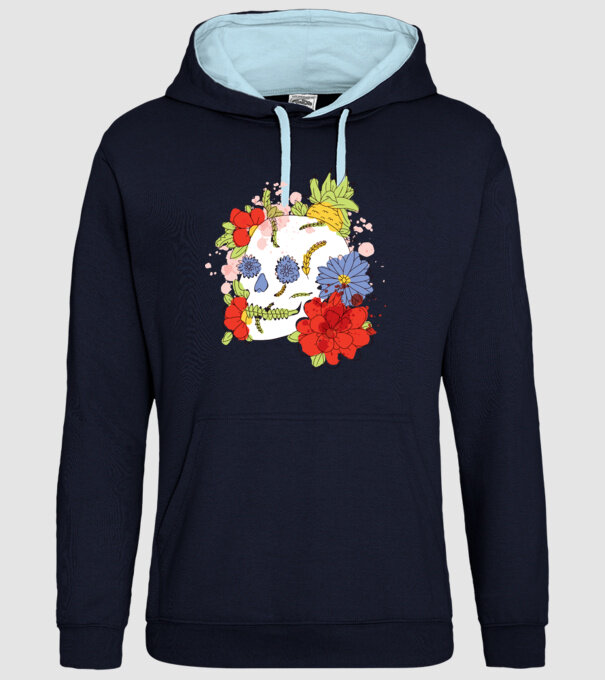 Craniu cu Flori model albastru închis pe tricou
