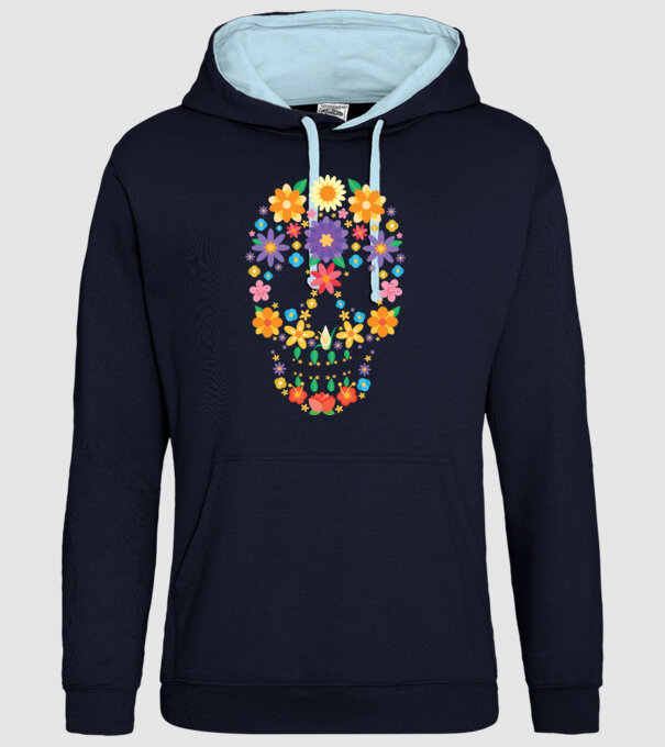 Craniu cu Flori model albastru închis pe tricou