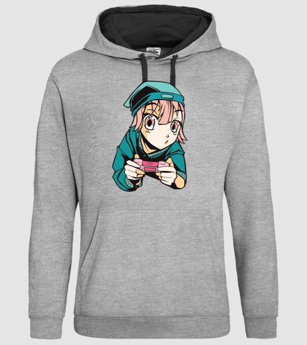 Anime fată Gamer model gri pe tricou