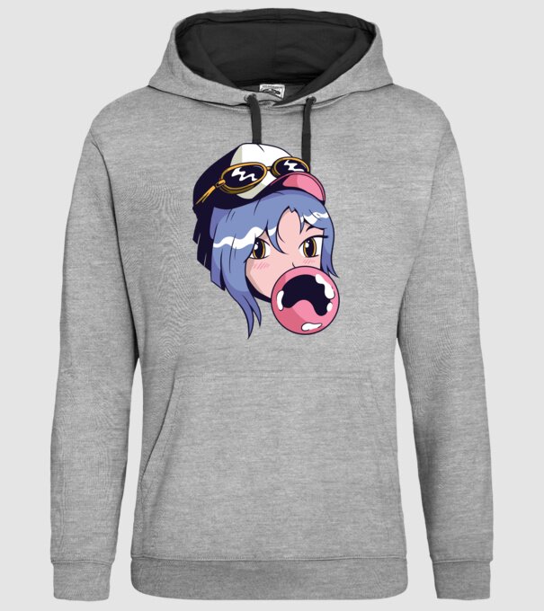 fată Anime cu gumă de mestecat model gri pe tricou