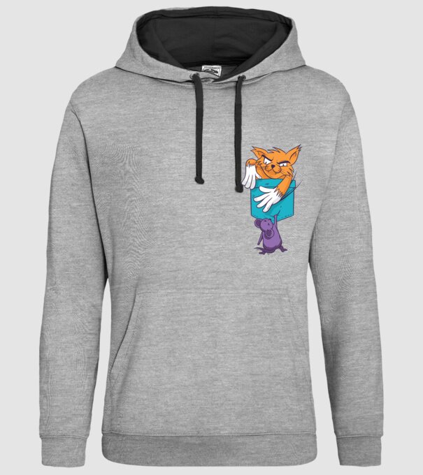 Pisică cu șoarece buzunar model gri pe tricou