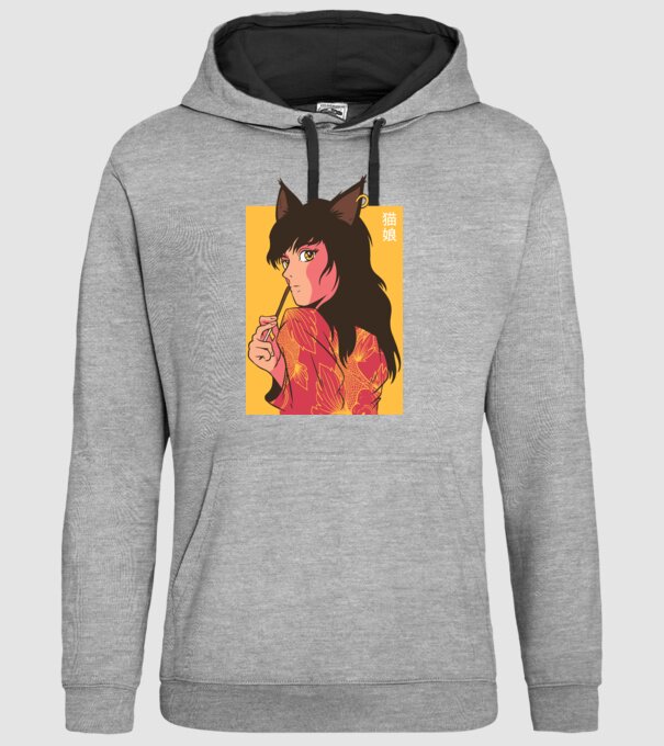 Pisică Fată Anime model gri pe tricou