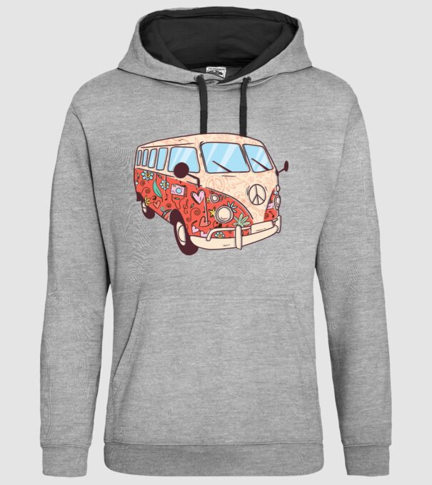 Tricou microbuz hippi retro model gri pe tricou