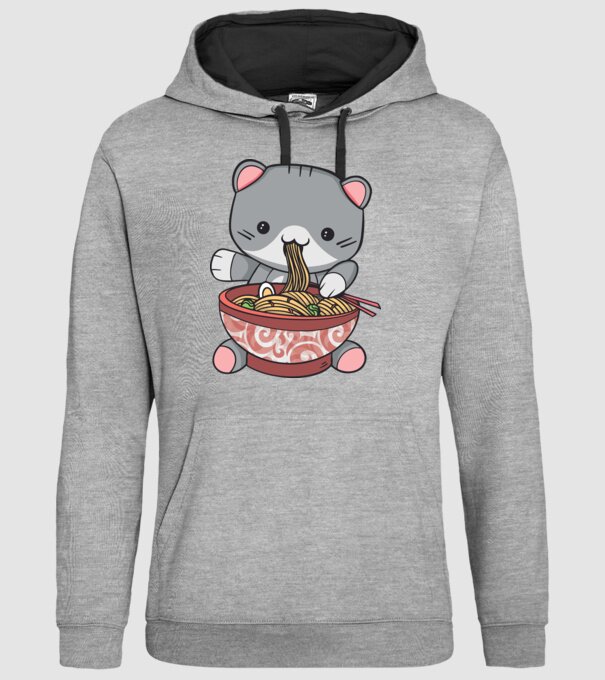 Pisică Kawaii Ramen model gri pe tricou