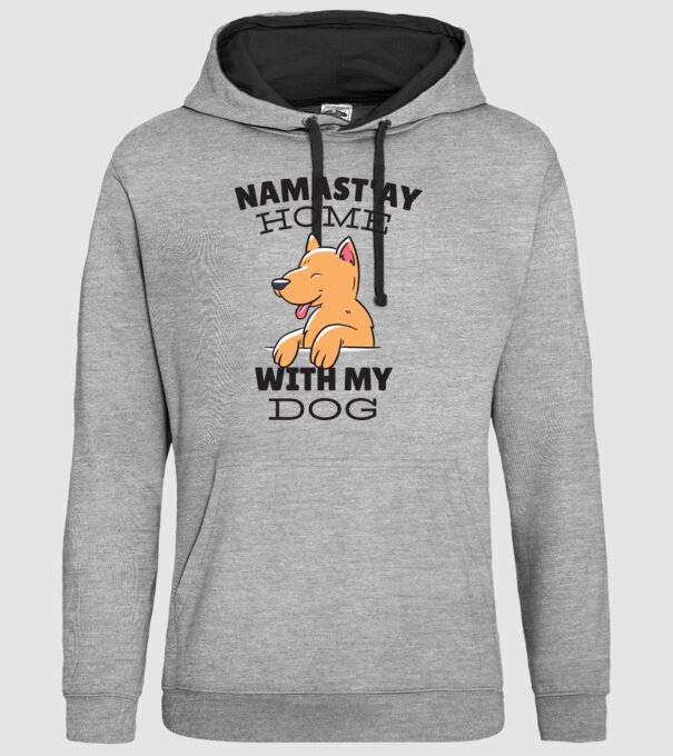 'Namast''ay Home with my Dog -Yoga Carantină' model gri pe tricou