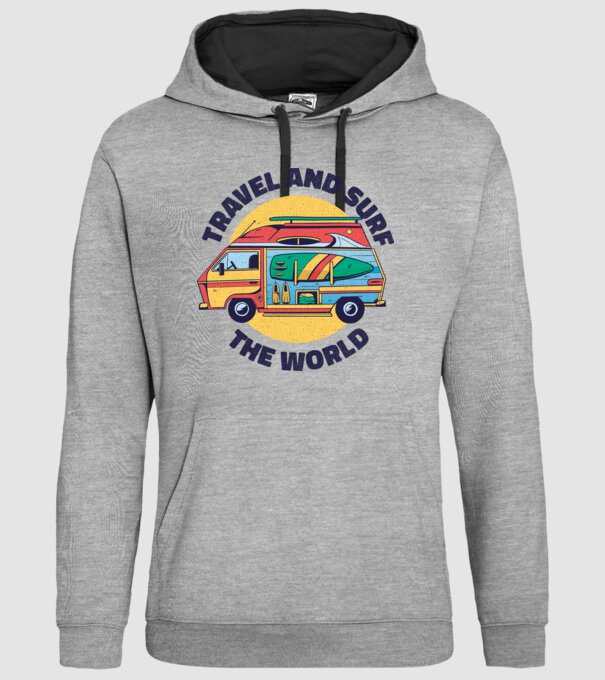 Călătorie și Surf în jurul lumii model gri pe tricou