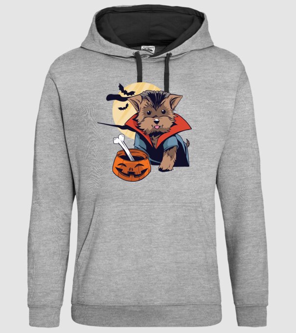 Vampir Yorkie Halloween model gri pe tricou