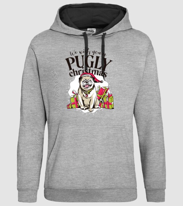 We wish You a Pugly Christmas tricou cu mops model gri pe tricou