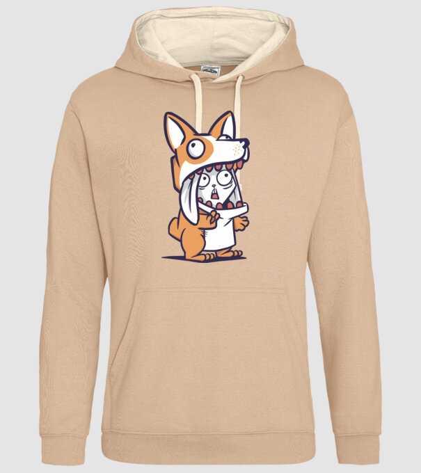 Iepuraș drăguț în costum Corgi model nisipiu pe tricou