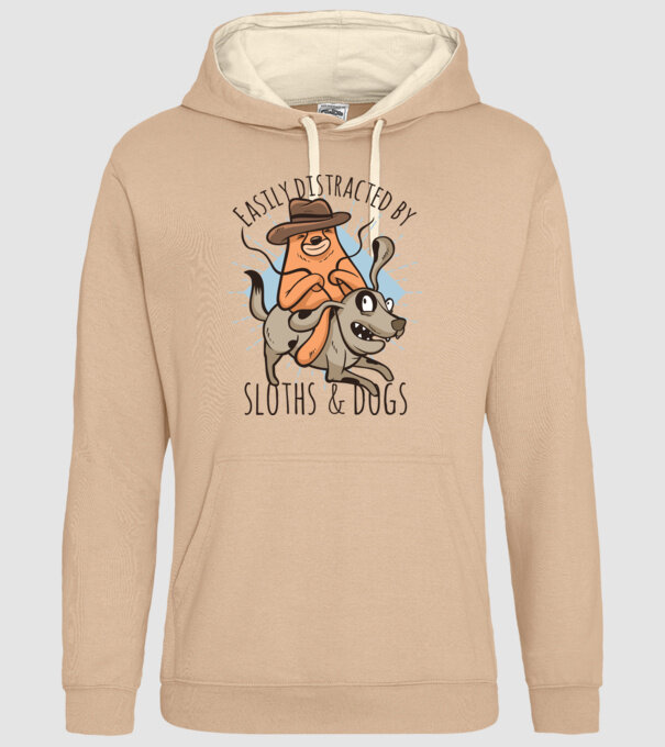 Easily Distracted by Sloths & Dogs model nisipiu pe tricou