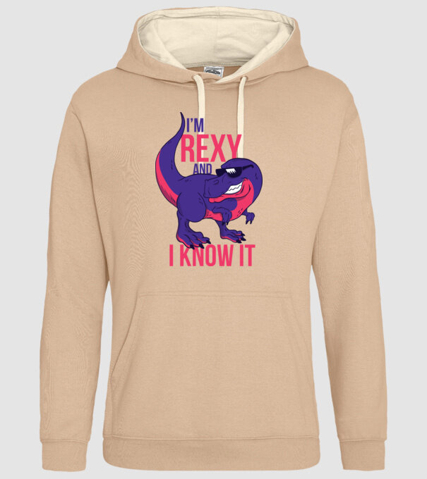 'I''m Rexy and I know it - tricou dinozaur amuzant' model nisipiu pe tricou