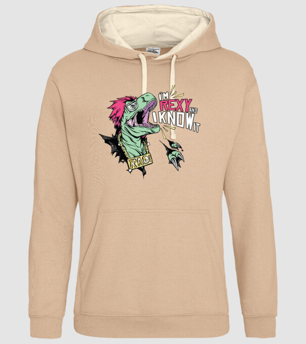'I''m Rexy and I know it - tricou dinozaur amuzant' model nisipiu pe tricou