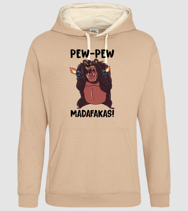 Pew Pew Pew Madafakas Urs alb model nisipiu pe tricou