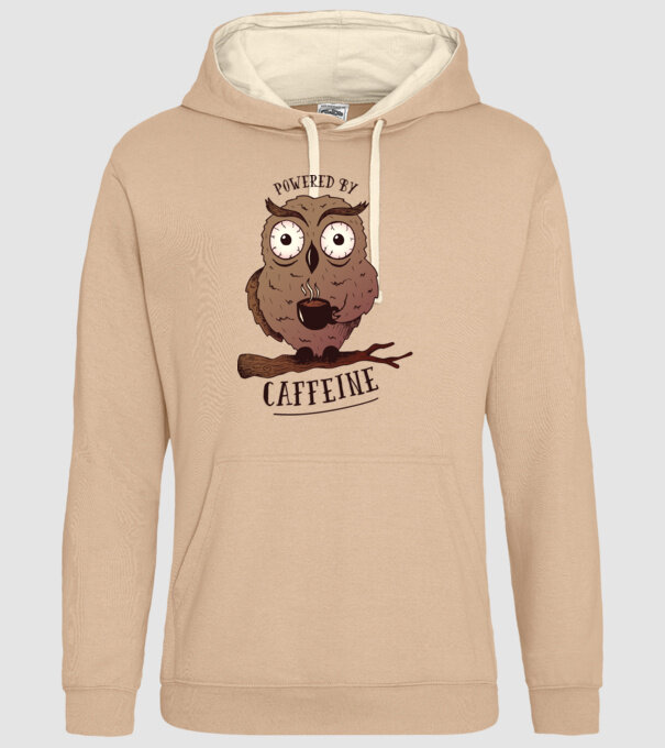 Powered by Caffeine - Tricou cu bufniță și energie de cafeină model nisipiu pe tricou