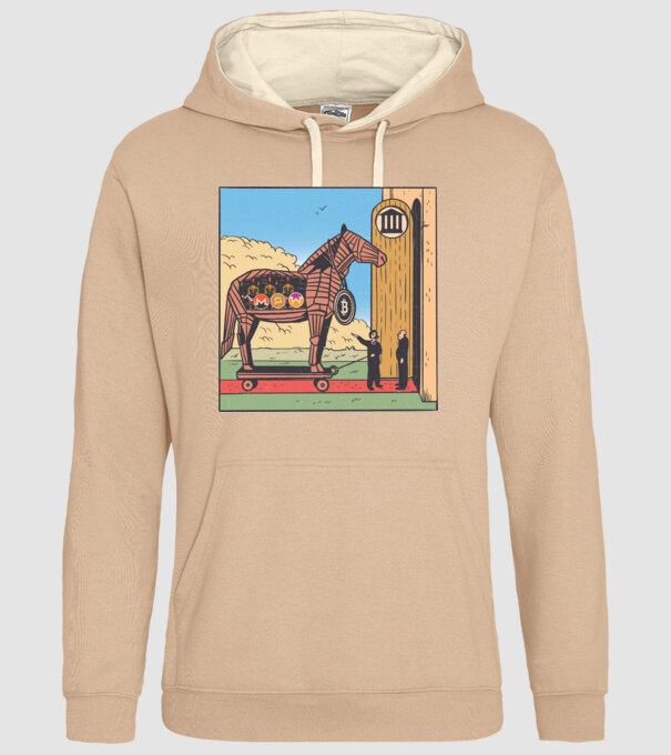 Cal troian Bitcoin model nisipiu pe tricou