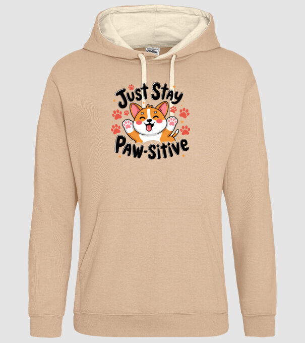 Just Stay Paw-sitive Alb model nisipiu pe tricou