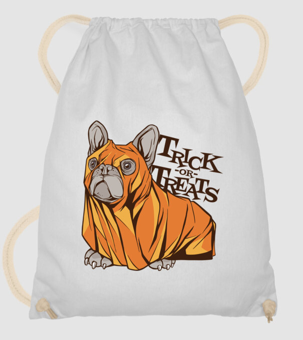 Trick or Treat Mops Halloween model alb pe tricou
