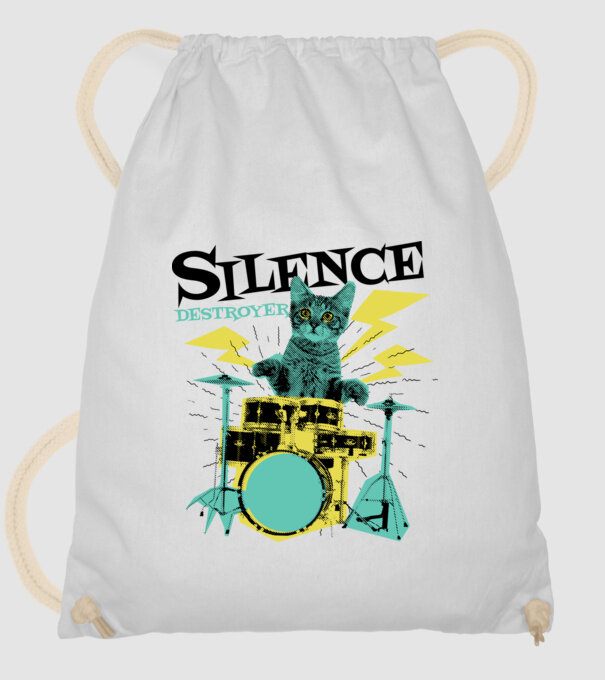 Pisică Baterist - Silence Destroyer model alb pe tricou