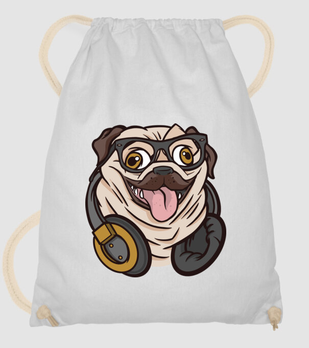 Mops cu căști model alb pe tricou