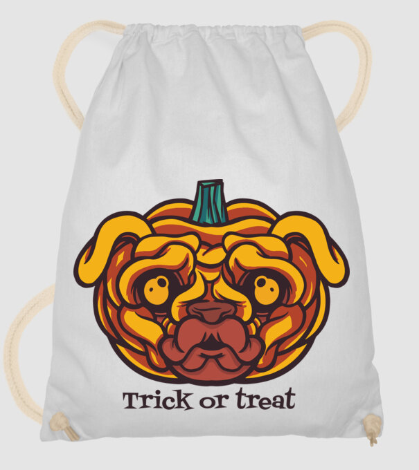 Mops cap de dovleac Halloween model alb pe tricou