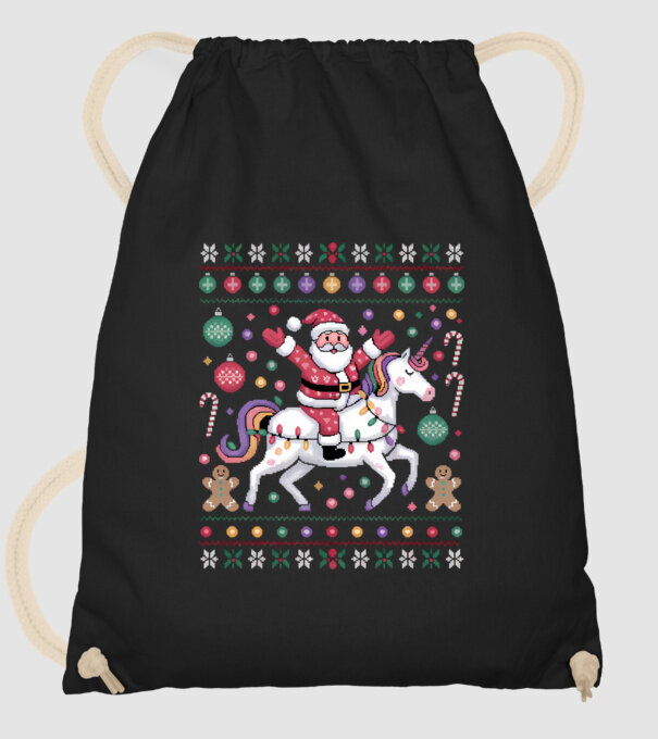 Moș Crăciun pe un pulover urât unicorn  model negru pe tricou