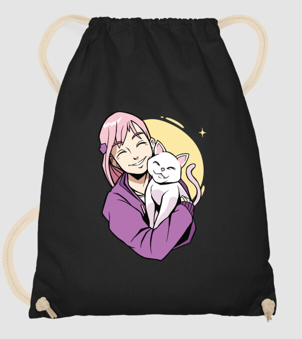 Anime fată cu pisică model negru pe tricou