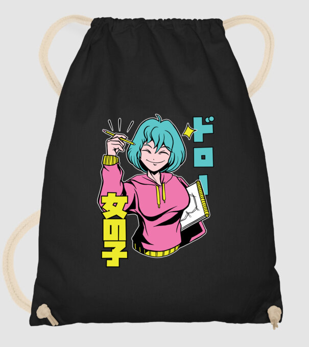 Anime fată desenând model negru pe tricou