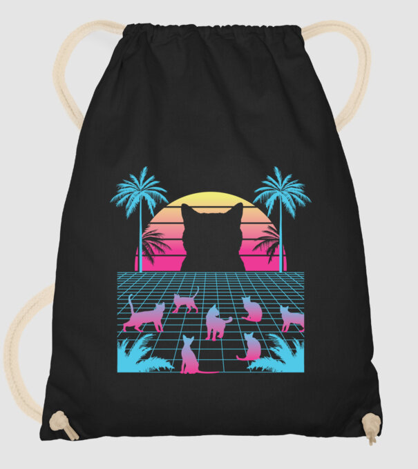 Pisică Vaporwave neon model negru pe tricou