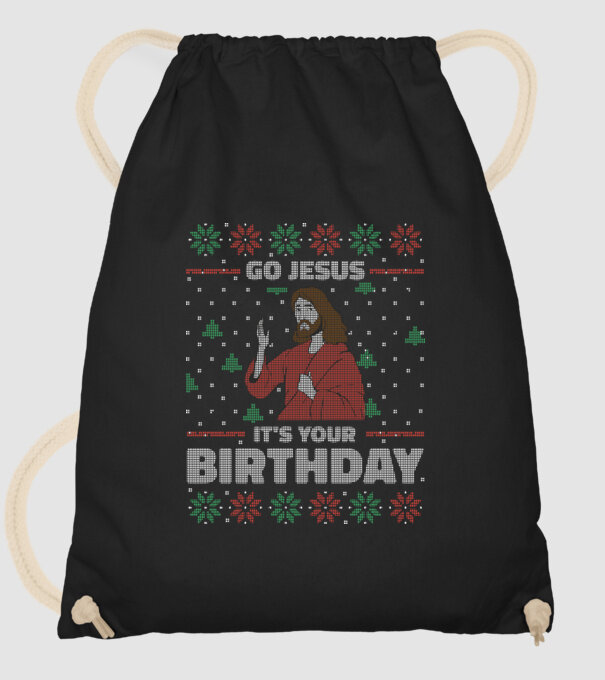 'Go Jesus, It''s Your Birthday Ugly Sweater' model negru pe tricou