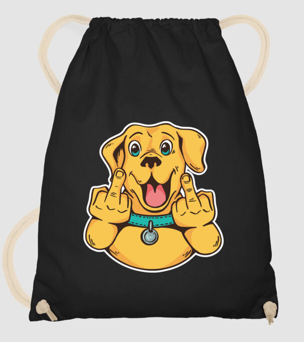 Golden Retriever arată degetul model negru pe tricou