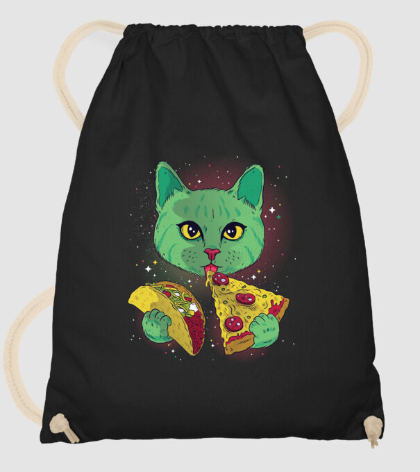 Pisică Cosmică Pizza și Taco model negru pe tricou