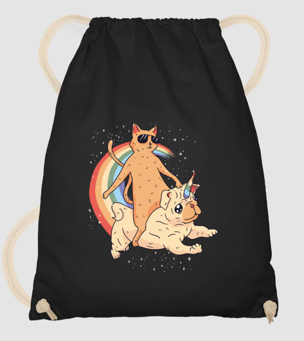 Pisică și Mops unicorn model negru pe tricou