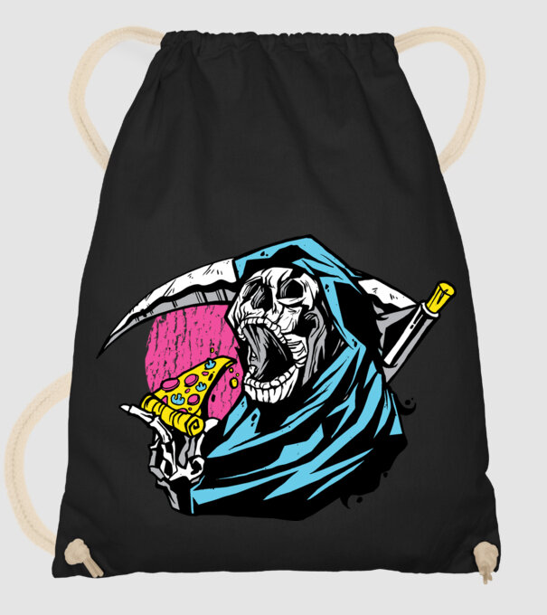 Om cu coasă și pizza model negru pe tricou