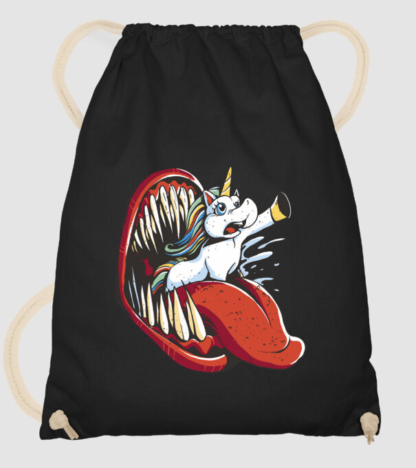 În gura monstrului Unicorn model negru pe tricou