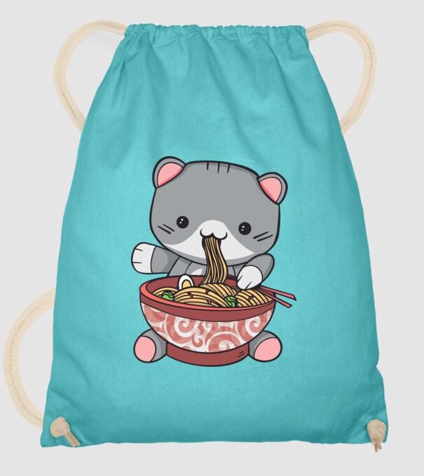 Pisică Kawaii Ramen model turcoaz pe tricou