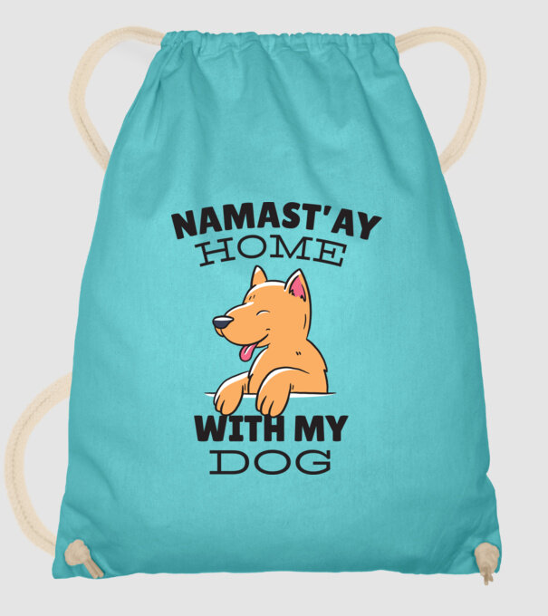 'Namast''ay Home with my Dog -Yoga Carantină' model turcoaz pe tricou