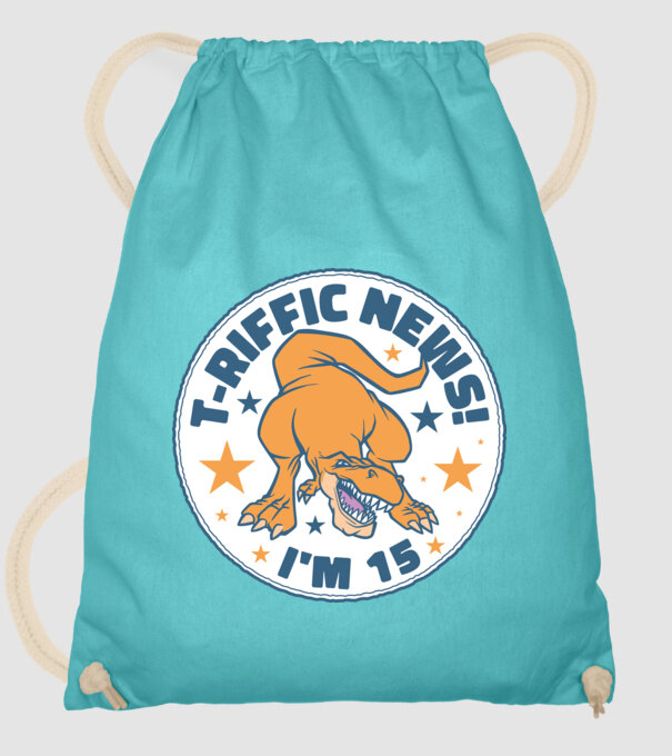 'T-rex Terrific news i''m 15' model turcoaz pe tricou