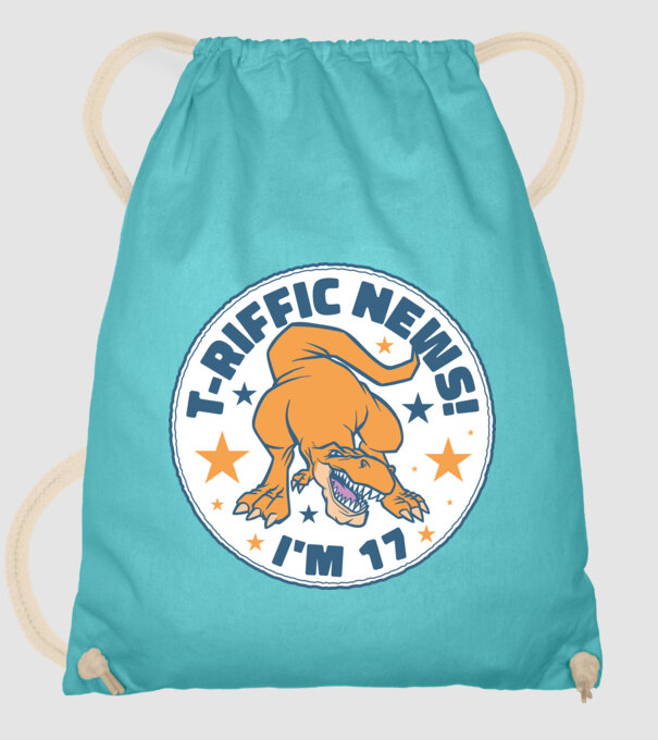 'T-rex Terrific news i''m 17' model turcoaz pe tricou