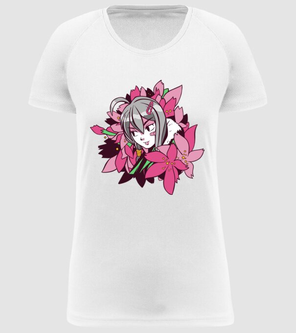 Anime fată printre flori model alb pe tricou