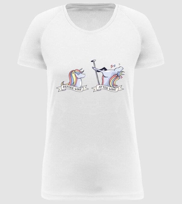 Înainte și după vin Unicorns model alb pe tricou
