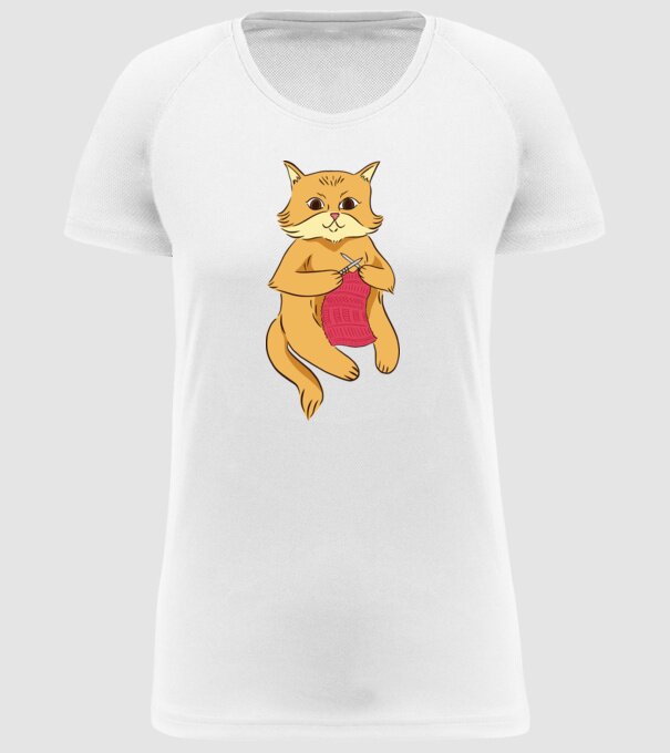 Pisică croșetând model alb pe tricou