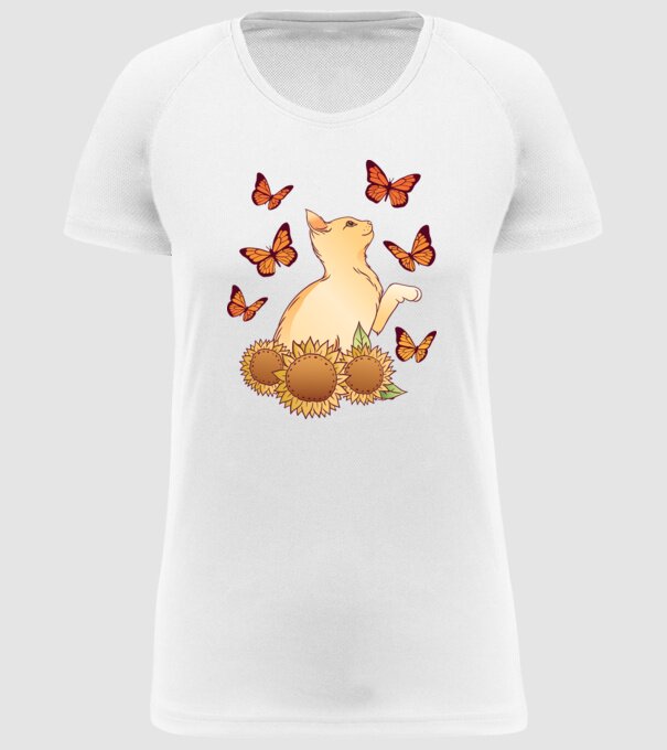 Pisică cu fluturi model alb pe tricou