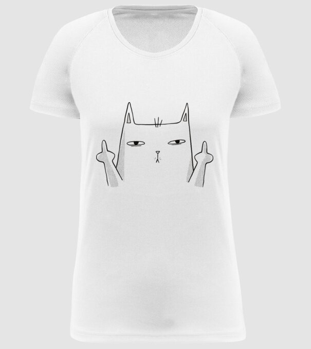 Pisică desen arată degetul model alb pe tricou