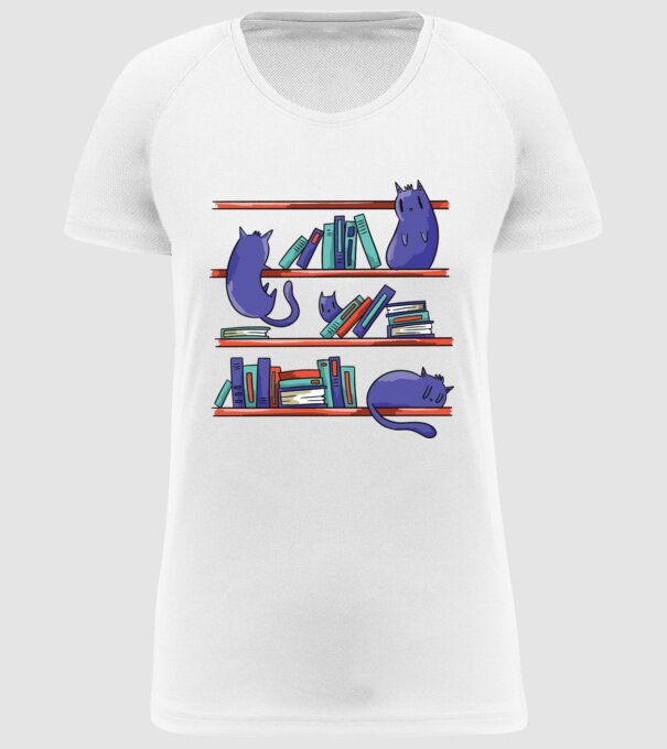 Pisici pe raftul de cărți model alb pe tricou