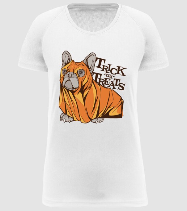 Trick or Treat Mops Halloween model alb pe tricou